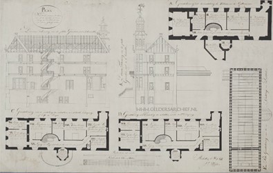 <p>Doorsneden en plattegronden van de kelder en de verdiepingen, behorend bij het plan van r J.T. Übbing uit mei 1827 (Gelders Archief).</p>
